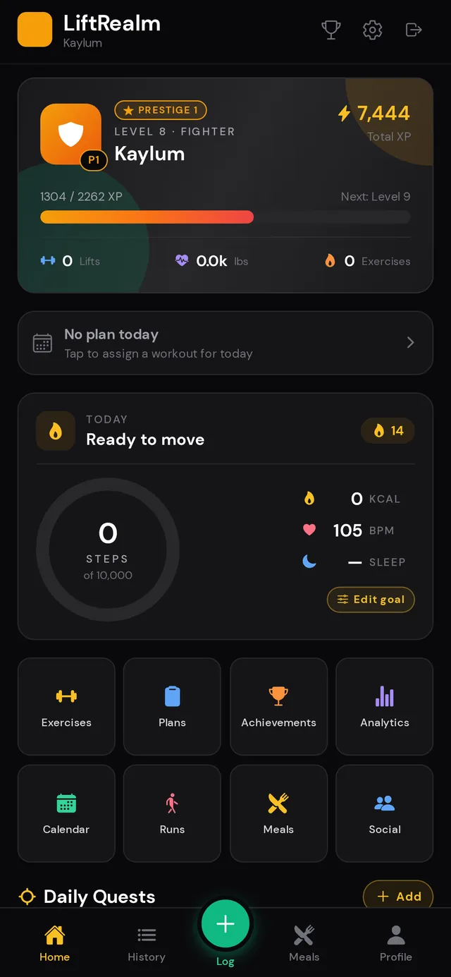 LiftRealm home dashboard showing level 8 Fighter, Prestige 1, XP bar and daily stats