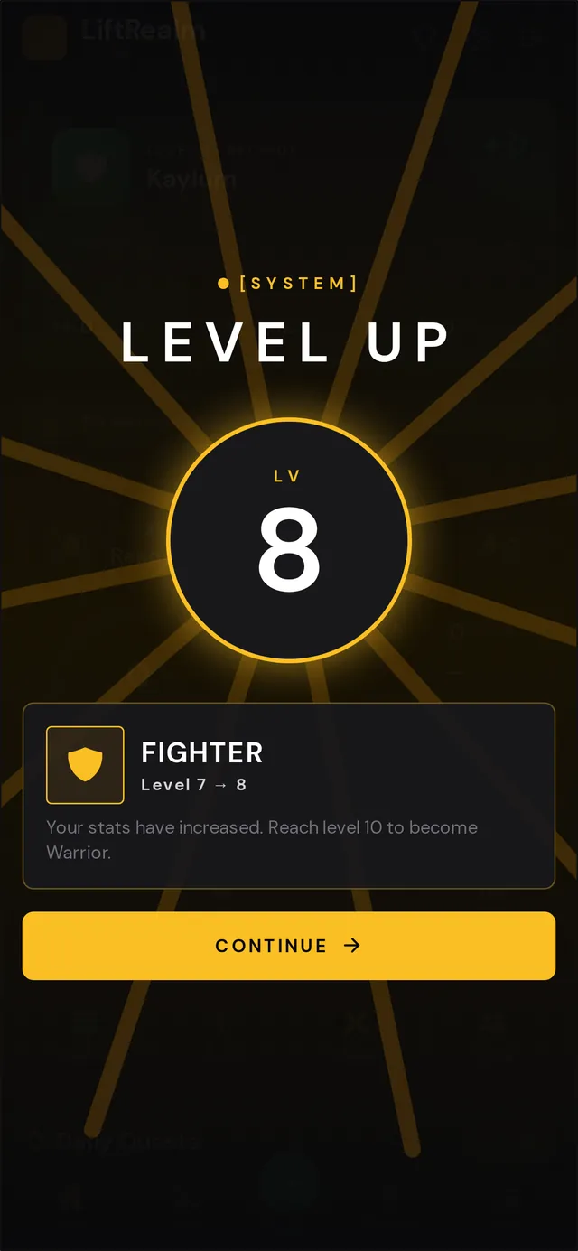 LiftRealm level-up screen showing a Fighter reaching level 8