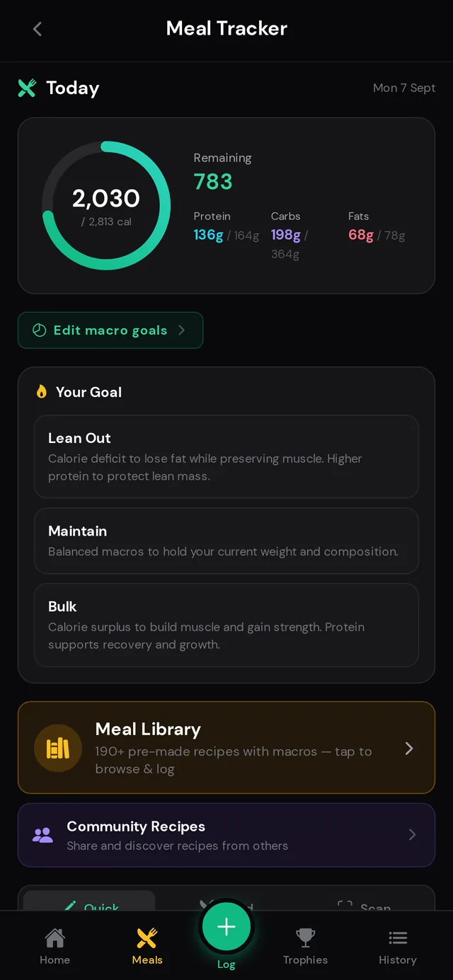 LiftRealm meal tracker showing calories remaining, macro breakdown and Lean Out, Maintain, Bulk goals