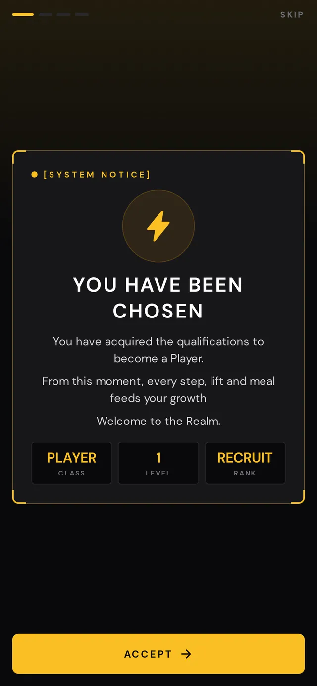 LiftRealm onboarding screen reading 'You Have Been Chosen' with Player class, level 1 and Recruit rank