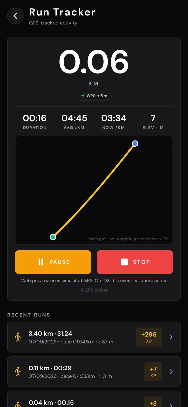 LiftRealm live run tracker showing distance, pace, duration and GPS route