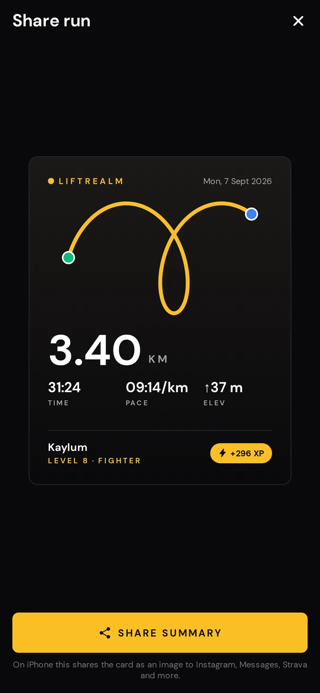 LiftRealm shareable run card with route, distance, pace and XP earned