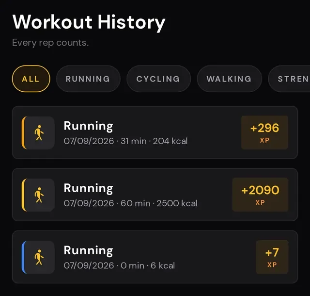 LiftRealm workout history filtered by activity type with XP earned per session